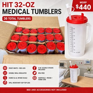 MSRP $440 New Open Case of 36 HIT Products 32-Oz Medical Hydration Tumblers, Frost White With Red Lids  Double-Wall Insulation, Intake Scales and Flexible Straws