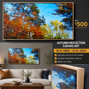 MSRP $500 Preowned 48 x 24 In. Autumn Reflection Canvas Wall Art in a Natural Wood Larson-Juhl Float Frame  Gallery-Wrapped and Ready to Hang
