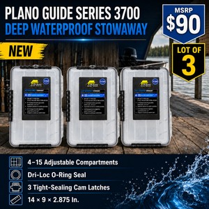 MSRP $90 Lot of 3 New Plano Guide Series 3700 Deep Waterproof StowAway Organizer Boxes  415 Adjustable Compartments, Dri-Loc O-Ring Seal and Triple Cam Latches  Made in USA