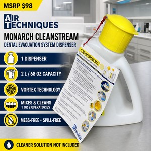 MSRP $98 Air Techniques Monarch CleanStream 2-Liter Dental Evacuation System Dispenser With Vortex Technology  Mess-Free, Spill-Free Mixing for 1 or 2 Operatories  Cleaner Solution Not Included