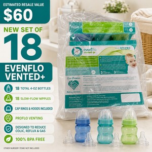 MSRP $60 New Set of 18 Evenflo Vented 4-Oz Tinted Baby Bottles With 18 Slow-Flow Nipples, Cap Rings and Hoods  Proflo Venting Helps Reduce Colic, Reflux and Gas
