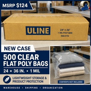 MSRP $124 New Case of 500 Uline 24  36-In. Clear 1-Mil Flat Poly Bags  High-Clarity Lightweight Protection for Warehouse Packing, Shipping and Temporary Storage
