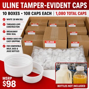 MSRP $98 New Lot of 10 Uline White 38mm DBJ Tamper-Evident Beverage Cap Boxes  108 Caps per Box, 1,080 Total  Threaded LDPE With Breakaway Ring Seals