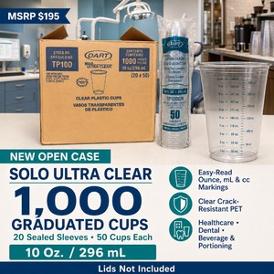 MSRP $195 New Open Case of 1,000 Solo Ultra Clear 10-Oz Graduated PET Medical Cups  20 Sealed Sleeves of 50  Easy-Read Ounce, mL and cc Markings for Healthcare, Dental, Beverage and Portioning Use