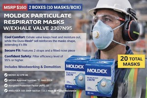 MSRP $160 2 Boxes (10 masksbox) Moldex Particulate Respirators Masks WExhale Valve 2307N95 Molded Nose Bridge, Cushion &amp Softspun Lining Used for high risk of exposure to airborne particles, includes woodworking &amp demolition