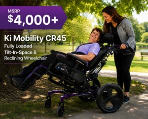 MSRP $4,000 Ki Mobility CR45 Fully Loaded Tilt-In-Space &amp Reclining Complex Rehab Wheelchair, Axiom 20x18 Pressure-Relief Cushion, Adjustable Padded Headrest, Attendant Controls, Swing-Away Footrests, Anti-Tippers, 300-Lb Capacity, Excellent
