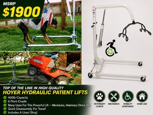 MSRP $1900 Top Of The Line In High Quality Hoyer Haudraulic Patient Lifts - 400lb Capacity 6 Point Cradle Many Uses For This Powerful Lift - Mechanics, Veterinary Clinics, Etc. Quick Disassembly For Travel Includes A Used Sling