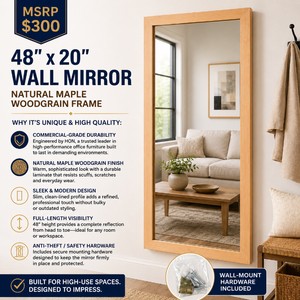 MSRP $300 HON Commercial-Grade 48x20 Wall Mirror WNatural Maple Woodgrain Laminate Frame &amp Anti-TheftSafety Mounting Hardware Sleek Minimalist Design For High-Use Corporate Settings &amp Executive Offices Finish Resists Everyday ScuffsWear