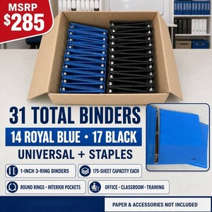 MSRP $285 NEW Lot of 31 Universal and Staples 1-Inch 3-Ring Binders  14 Royal Blue and 17 Black  175-Sheet Capacity With Interior Pockets for Office, Classroom and Training