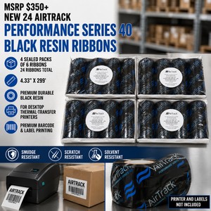 MSRP $350 New 24 AirTrack Performance Series 40 Black Resin Thermal-Transfer Ribbons, 4.33 x 299 4 Sealed Packs of 6, Premium Durable Barcode &amp Label Printing, Smudge, Scratch &amp Solvent Resistant, For Desktop Thermal-Transfer Printers