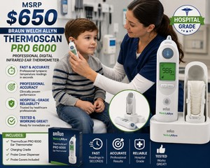 MSRP $650 Braun Welch Allyn ThermoScan PRO 6000 Professional Digital Infrared Ear Thermometer  Fast Accurate Tympanic Temperature Readings, Charging Cradle, Probe Cover Dispenser &amp Probe Covers Included, Hospital Grade, Tested &amp Working Great