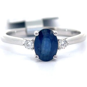0.81 Carat Oval Natural Blue Sapphire & Natural Diamond Three-Stone September Birthstone Ring in 14k White Gold *VIDEO*