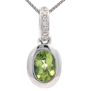 Oval Peridot & Diamond Bezel Drop Pendant in 14k White Gold VIDEO