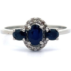 Iolite & Natural Diamond Halo Three-Stone Ring VIDEO