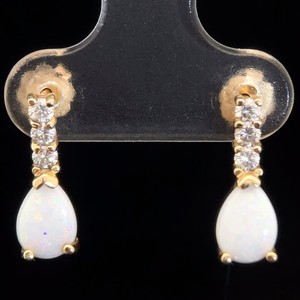 Pear White Opal & Natural Diamond Dangle Drop Earrings in 14k Yellow Gold VIDEO