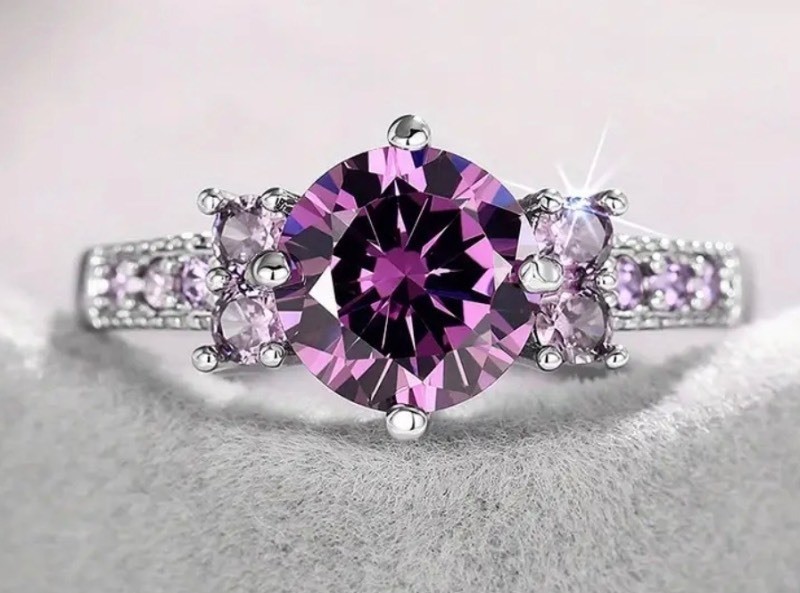 Elegant Silver Plated Purple Moissanite Ring, Size 8 - Brand New Q