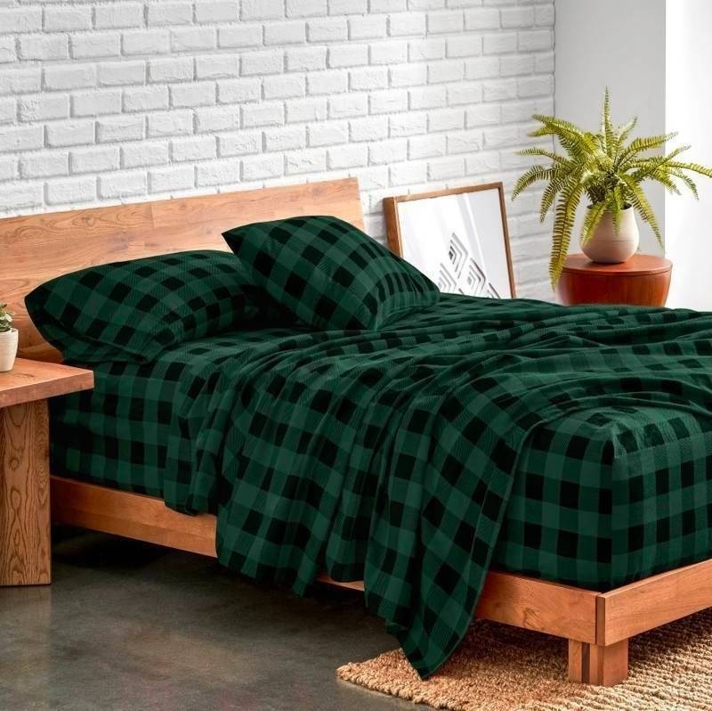 Bare Home Split King Flannel Sheet 5-piece Set, Forest Green & Black - $120.99 Retail - Brand New Q