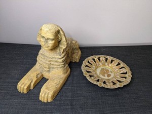 Vintage Egyptian Sphinx Statue 15 & Egyptian Wall Plate 9.5 Round