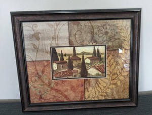 Framed Village Picture With Trees 23.5 x 19.25