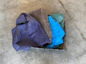 Tarps, 3 Total & Cloth Cover in Plastic Bin 36 x 24 x 8
