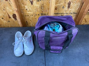 Columbia 300 Teal & Purple Bowling Ball, BSI White Shoes Womens Size 7.5 & Ebonite Purple Bowling Bag