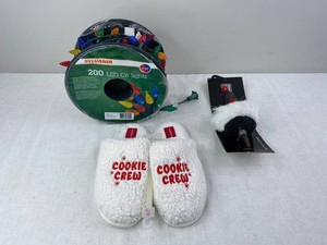 Sylvania 200 Multi-Color LED Lights, Christmas Bottle Stopper, & Cookie Crew Slippers, Mens Size 78