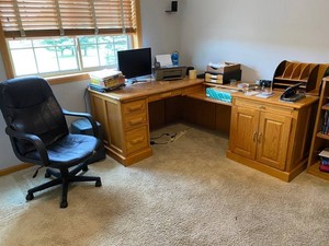 Large Oak L-shaped Desk, Office Chair, HP DeskJet Printer, Dell Desktop Monitor & Accessories
