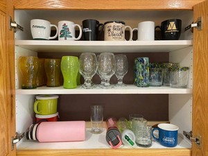 Assorted Mugs & Glasses, 40 Total - Travel Mugs, Beer Glasses, Water Goblets, Christmas Mug, Blown Glass, and More