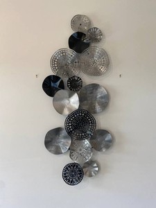 Multi-Demential Metal Wall Art Circle Sculpture 60 x 24, Silver and Black