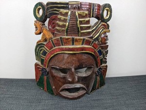 Aztec Mayan Hand Carved Wooden Wall Mask 13 x 14.5