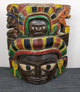 Aztec Mayan Hand-Carved Wooden Wall Mask 13 x 14