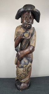 Vintage Hand Carved Wooden African or Caribbean Folk Art Sculpture Man Holding Fish & Pipe, 30
