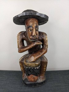 Vintage Hand Carved Wooden Drumming African or Caribbean Folk Art Sculpture, 21