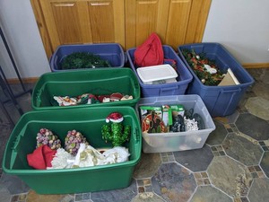 Assorted Christmas Decorations in Totes, 6 Total Totes