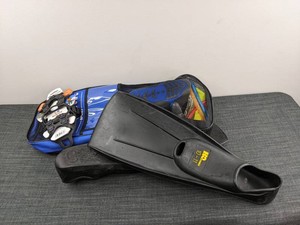 Snorkeling Flipper Fins, 2 Sets, Goggles, and Yaktrax Traction Grips Unisex Cleats