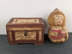 Hand Carved Rustic Leaf Wooden Keepsake Box & Vintage Tiki Style Coconut Bank