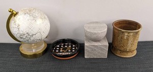 Globe, Cohiba Ashtray, Marble Pedestal & Ceramic Vase