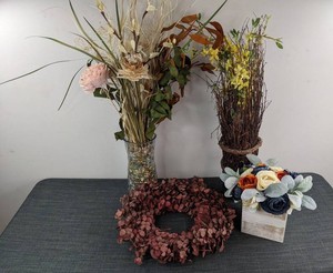 Faux Floral Arrangements, 3 Total, and Reddish Artificial Foliage Wreath