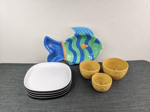 Vibrant Fish Serving Platter, White Melamine Plates, 4 Total, & Yellow Signature Stoneware Nesting Bowls, 3 Total