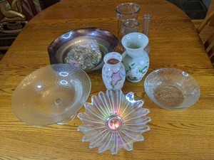 Glass Bowls, 4 Total Glass Vases, 5 Total Bag of Glass Beads