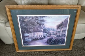 B. Brown Framed and Matted Quiet Village Print 34 x 28
