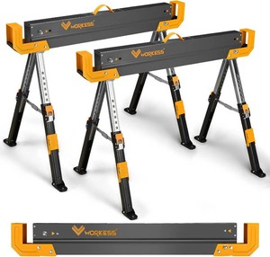 $118 Saw Horses 2 Pack Folding, 2600 Lbs Load Capacity & 24-32 Inch Adjustable Height Heavy Duty Sawhorse Table with 2x4 Support Arms, Portable Folding Legs and Easy Grip Handle for Woodworking