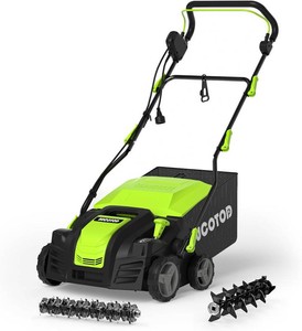 $150 2-in-1 Dethatcher & 16-Inch Scarifier Electric Corded, 15 Amp Copper Motor, Electric Lawn Dethatcher with 5-Position Depth Adjustment, 14.5 gal Thatch Bag,Walk Behind for Yard Lawn Garden Care