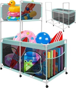 Pool Float Storage Organizer, 2-in-1 Extra Large 350 Gallon Outdoor Pool Toy Holder, Durable Mesh Rolling Cart Bin for Swimming Pool Noodles, Floats, Balls, Rafts & Towels, with Side Pockets