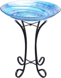 MUMTOP Outdoor Glass Bird Bath with Metal Stand for Lawn Yard Garden Decor  18 Inch Diameter 21.65 Inch Height Outdoor Large Blue Glass Bird Bath for Backyard Garden Decoration