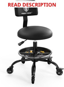 $120 Rolling Shop Stool with Wheels, Garage Mechanic Stool Chair with Backrest, Height Adjustable Heavy Duty Swivel Task Chair, Adjustable Footrest with Storage Tray for Garage Kitchen Salon Tattoo (Black)