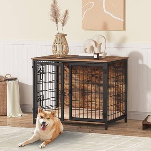 MAHANCRIS Dog Crate Furniture with Cushion, Wooden Dog Kennel with Double Doors, Heavy Duty Dog Cage for SmallMediumLarge Dogs, Indoor Dog House End Table, 31.5 L, Rustic Brown DCHR0701Z1