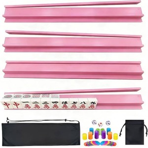 4 PCS Mahjong Racks with Pushers, Pink Wooden Mahjong Racks with Detachable Magnetic Pushers, Mahjong Tile Pushers and Racks, Includes Chips, Dice & Storage Bags, Mahjong Accessories (19.68 Inch)