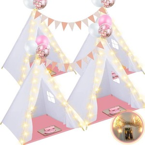 Windyun 4 Pack Teepee Tent for Kids with Light Blankets and Trays, Natural Cotton Toddler Play Tent, Washable Childrens Sleepover Teepee for Girls Boys Indoor Outdoor Slumber Party Birthday Gifts