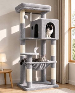Globlazer Cat Tree Tower with Scratching Post for Indoor Cats, 53inch Tall Plush Multi-Level Cat Climbing Tower Condo House with Large Hammock, Spacious Cat Cave, Padded Top Perch Bed, F53, Light Gray